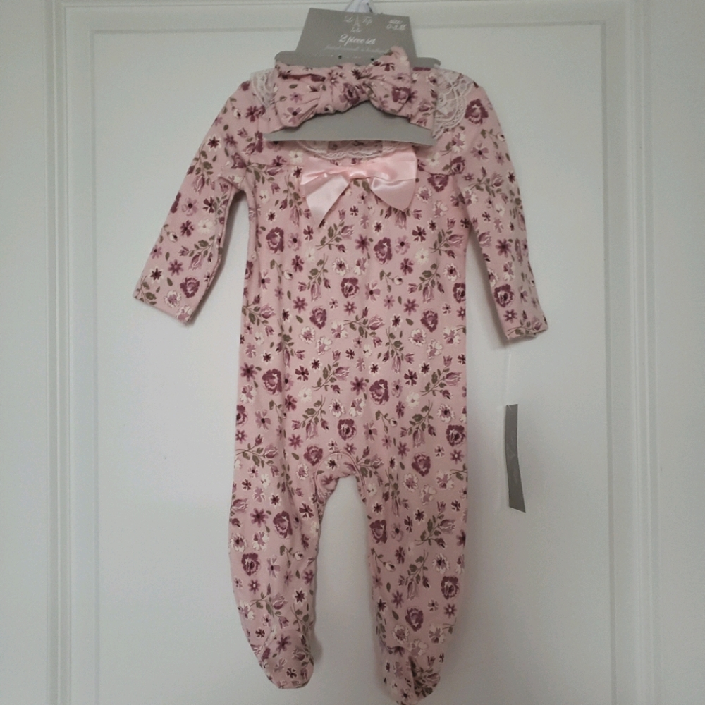 2 Piece footed onesie overalls headband 0-3 month
